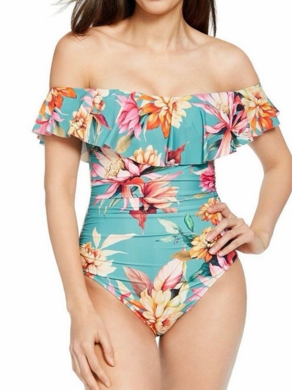 La Blanca - Ruffled Off Shoulder / Back Corset One Piece